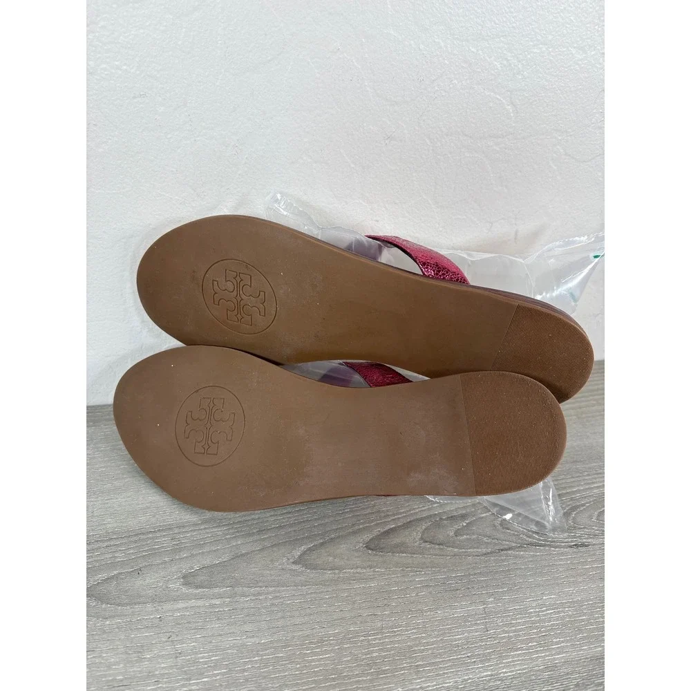 Tory Burch Cameron Metallic Pink Crackle Leather Thong Logo Sandals Womens 9.5M